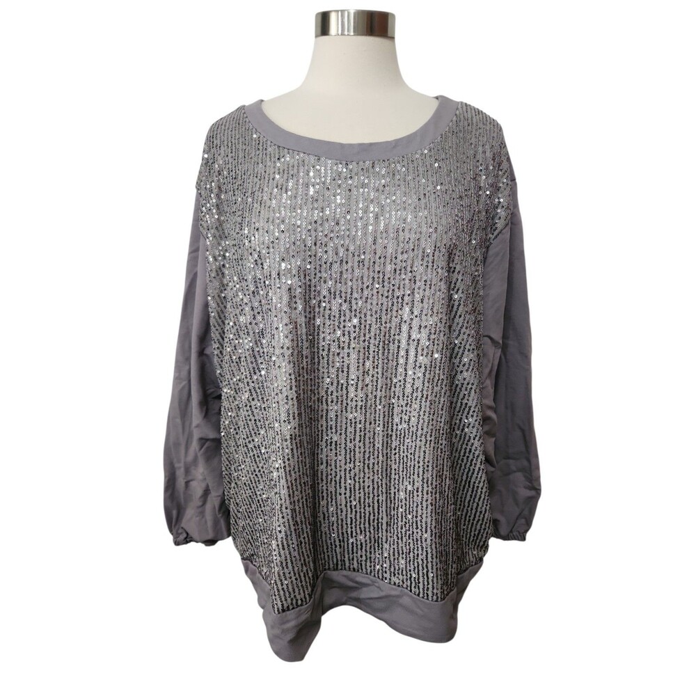 Ashley Sport Top Womens Plus Size 34/36 Gray Knit SEQUINS  Pullover LS Stretchy